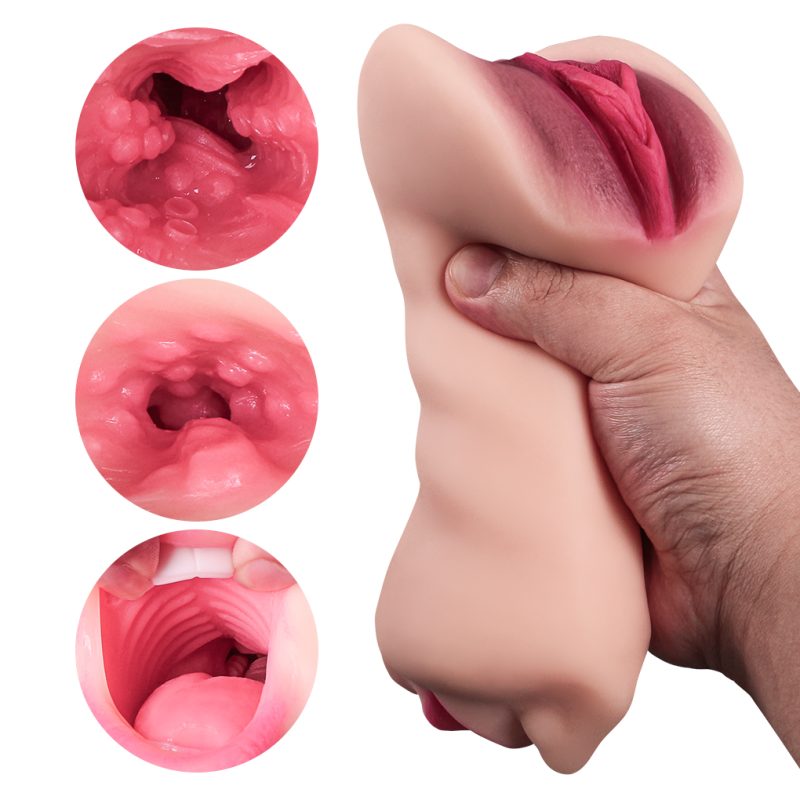 Soft silicone male masturbator squeezed by hand showing flexibility and detailed inner textures