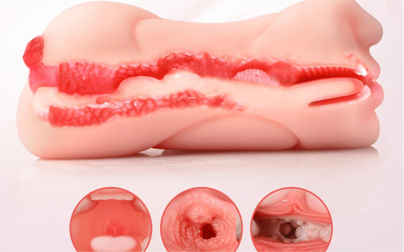 Cross section view of male masturbator showing layered inner tunnel textures for enhanced sensation